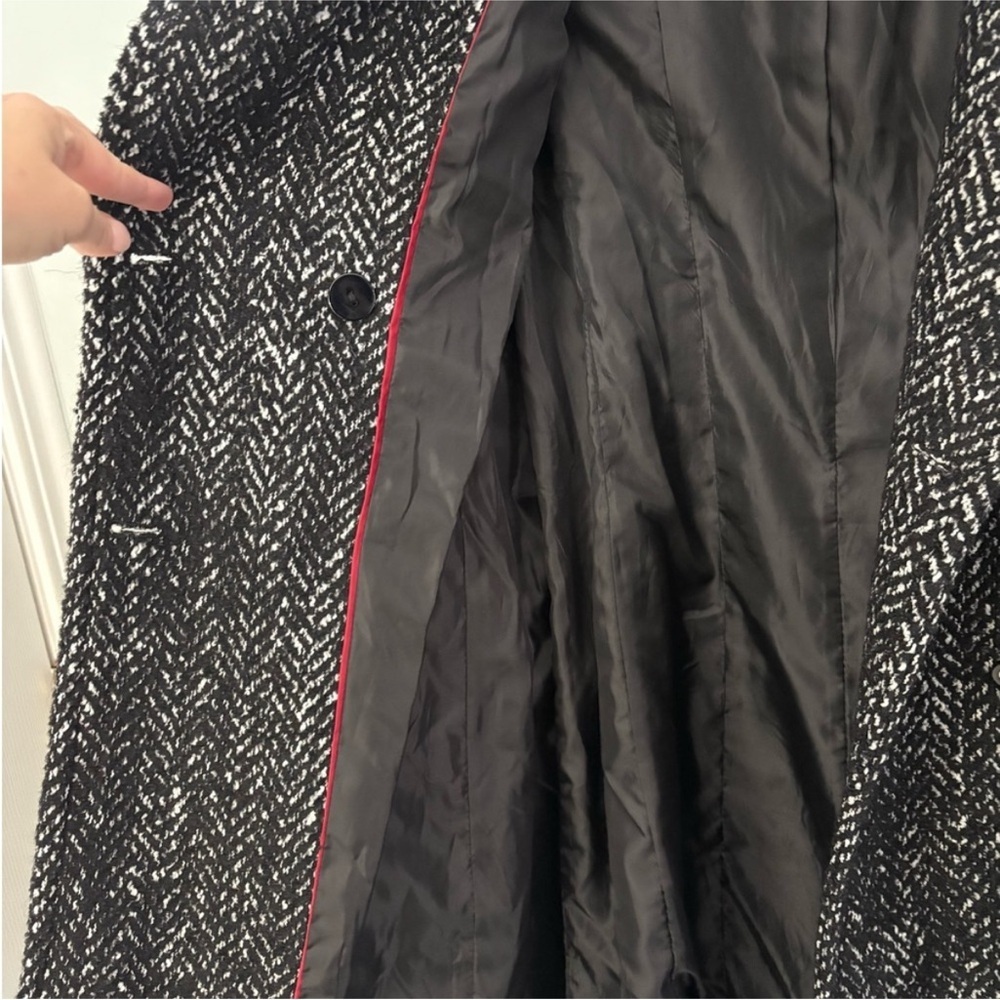 EXPRESS NWOT Wool-Blend Herringbone Belted Trench Coat Jacket Black White Tweed - Picture 13 of 16